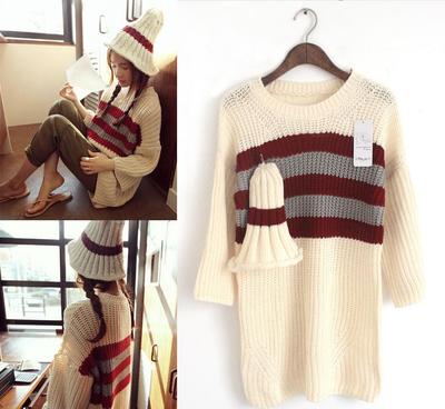 2014秋冬新款韓版東大門代購條紋甜美針織衫 條紋圣誕帽子